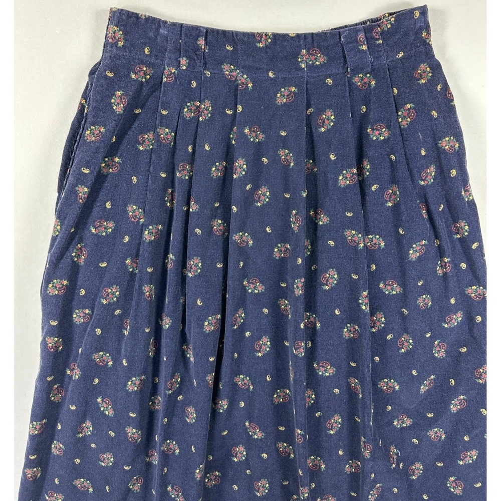 Vintage 80s Lands End‎ Corduroy Midi Skirt Sz 12 Navy Blue Paisley Pleated USA - Picture 8 of 9
